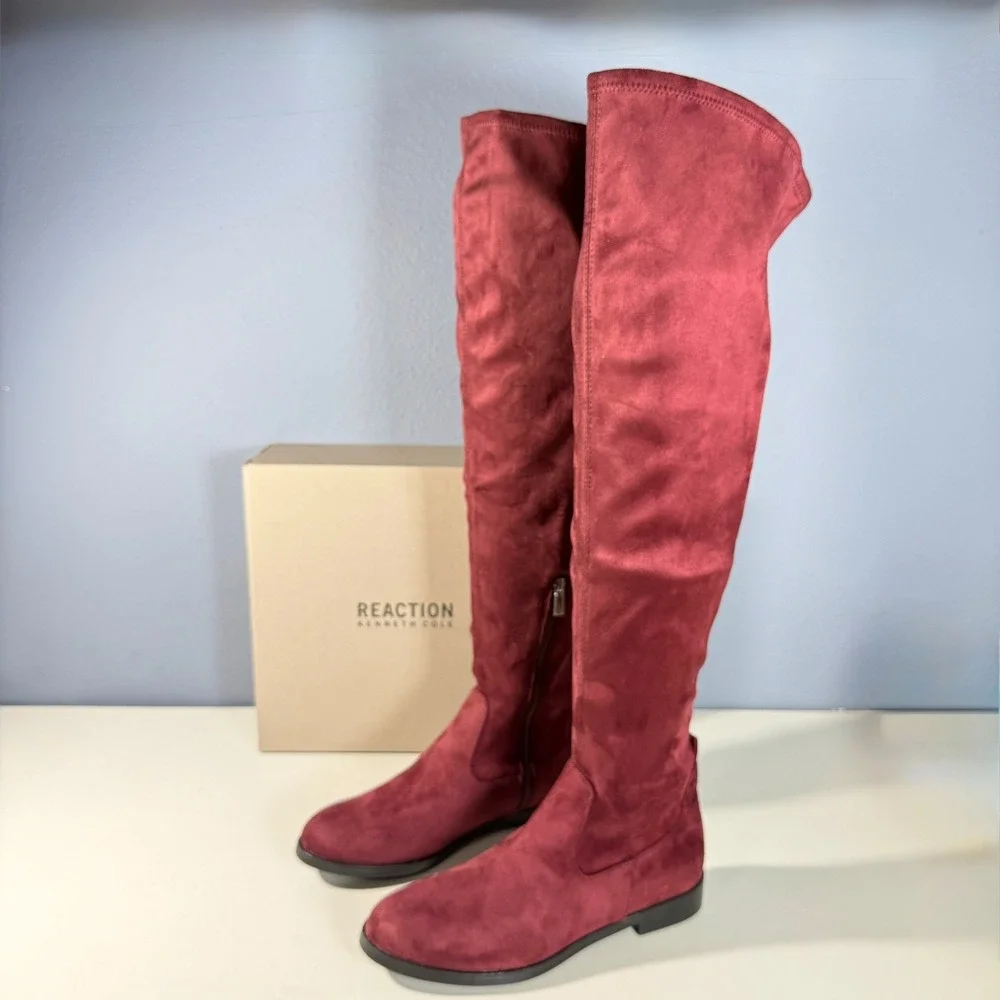 Kenneth Cole Reaction Windy Burgundy Knee High Boot Womens Faux Suede Boot 9M‎